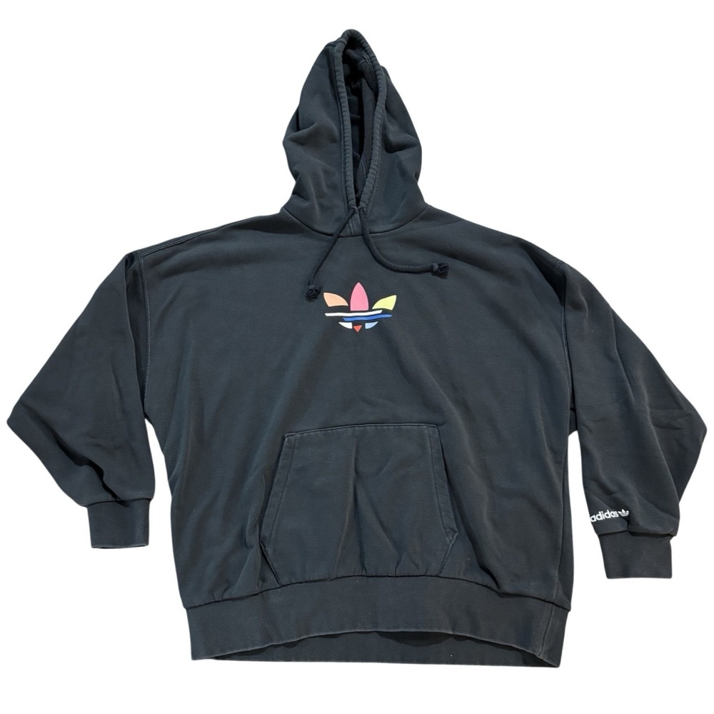 ADIDAS Pullover Hoodie Mens XS Black Multicolor Trefoil Logo Long Sleeve Graphic